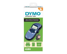 Dymo LetraTag 100H ABC label maker i pakke med grøn og hvid grafik, der viser etikettering af beholdere.