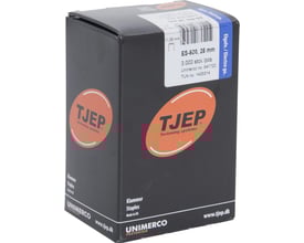 Karton emballage med Tjep ES-500 klammer på 25mm, elgalvaniseret og 2400 stk. i pakken.