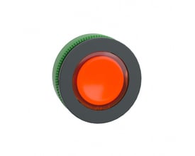 Schneider Electric Harmony XB5/ZB5 flush trykknaphoved med orange LED-lys og en plan trykflade, monteret på en grøn baggrundsring.