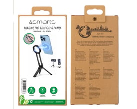 Emballagen til det sorte magnetiske trefodsstativ fra 4smarts med illustration af stativet og telefonholderen.