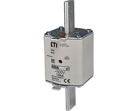 ETI NH2 NV2 patronsikring med 400A strømstyrke, DIN2 standard og 500V spænding, vist på hvid baggrund.