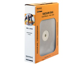 Orange papkasse med Nordic Quality logo og teksten Vacuum Bag Electrolux/MEL 2058, der viser 5 microfiber støvsugerposer.