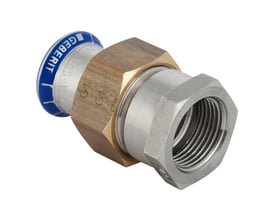 Geberit Mapress union i rustfrit stål til 18 mm rør med 1/2" Rp gevind og flad pakning.