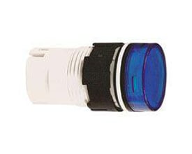 Schneider Electric ZB6AV6 rundt lampehoved i blå farve med en diameter på 16 mm og en plast frontring, vist isoleret.