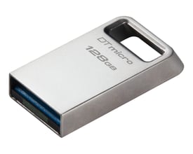 Kingston DataTraveler micro USB-hukommelse på 128 GB i sølv, set skråt med USB-stik og hul til ophæng.