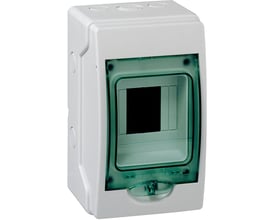 Schneider Electric Kaedra fordelingstavle 1R 4M med IP65-beskyttelse, hvid med grønt gennemsigtigt låg og synlige monteringsdetaljer.