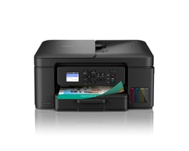 Brother DCP-T780DW sort A4-inktankprinter med print, scan og kopi, vist forfra med farvedisplay og synlige blæktanke.