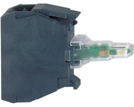 Schneider Electric lampeelement med blinkende hvid LED, 230V, vist i profil med tydelig LED-indikator og mørk grå bagside.