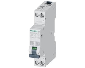 Siemens miniatureafbryder 5SL6 COM med målefunktion, 230V, 6kA, 1+N, C25, vist fra siden med tydelig O-OFF-kontakt og mærkater.
