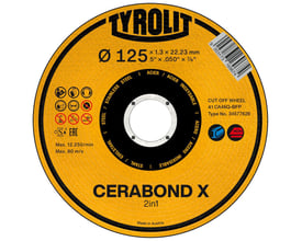 Tyrolit skæreskive CERABOND X 2in1 med dimensioner 125x1,3x22,23 mm, egnet til stål og rustfrit stål.