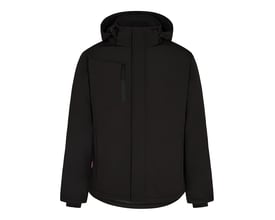 Engel Extend softshell vinterjakke i sort, str. XL, vist forfra med hætte og lynlåslommer.