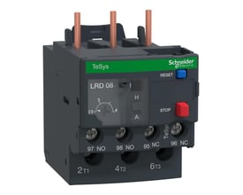 Schneider Electric termorelæ LRD 08 med indstillingsområde 2,5-4A og Reset-knap i blå og Stop-knap i rød.
