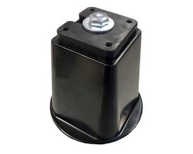 Sort justerbar monteringsfod i PVC til varmepumper med 50mm bolte og 105mm diameter, vist på hvid baggrund.
