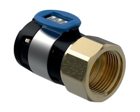Geberit FlowFit overgangsmuffe i messing og sort plast med blå clips, 32mm til 1 1/4" gevind.