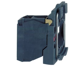 Sidevisning af Schneider Electric ZBE-102 kontaktelement, der viser dets kompakte kunststofdesign med integrerede monteringsclips.