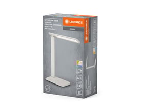 Ledvance Office Line Desk Banker skrivebordslampe i hvid præsenteret på sin emballage med produktinformation og logo.