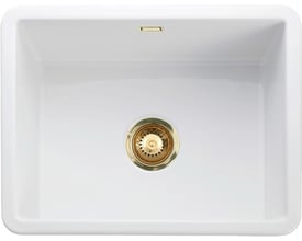 LAVABO Mataro III hvid keramisk køkkenvask set ovenfra med firkantet kumme, messingfarvet afløb og overløb.