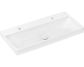 Isoleret hvid Hansgrohe Xelu Q håndvask i porcelæn, 1000x480mm, med to hanehuller og bundventil.