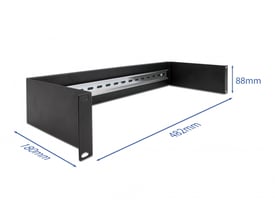 Sort DeLock 19" DIN-skinne panel, 2U, viser dimensioner 482mm, 180mm og 88mm på hvid baggrund.