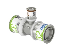 Uponor S-Press MLCP T-stykke 32 x 16 x 32mm preskobling af forkromet messing med grønne markeringer og hvid baggrund.
