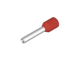 Detaljeret billede af et rødt Weidmüller terminalrør, isoleret 1,5 mm², vist med metal og plast detaljer.