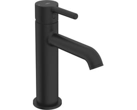 Oras Optima Style håndvaskarmatur i mat sort messing med 1-grebs betjening og elegant, buet tud på hvid baggrund.