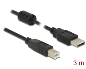 Delock sort 3 meter USB 2.0 kabel med Type-A han og Type-B han stik, samt en ferritkerne.