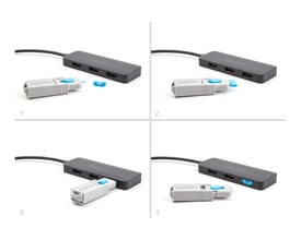 Demonstration af DeLock HDMI port blocker sæt i fire trin, viser hvordan blokkerne indsættes i HDMI hun porte.