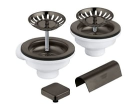 Grohe bundventil til køkkenvask i børstet hard graphite, komplet sæt med to afløb, firkantet dæklåg og overløbsrist.