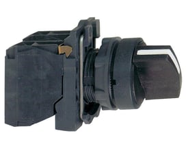 Sidevisning af Schneider Electric XB5AD33 drejeafbryder med sort kunststofhus, 3 faste positioner og 2NO kontakter.