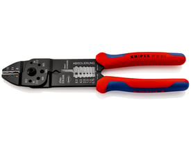 Knipex 97 21 215 crimptang med røde og blå håndtag, set fra en let vinkel på en hvid baggrund.