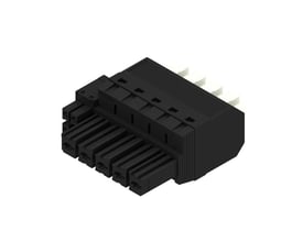 Sort Weidmüller-hybridconnector til printplade med fem poler og PUSH IN-tilslutning med aktuator, set skråt forfra.