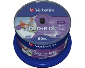 Verbatim DVD+R DL 8x 8,5 GB spindel med 50 stk, med illustration af glade børn og AZO teknologi.