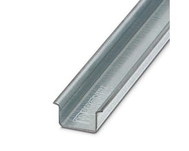 Phoenix Contact din-skinne NS35/15, 35x15 mm, 2 meter lang, lavet af forzinket stål med præget logo på en hvid baggrund.