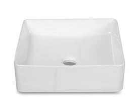 Firkantet hvid håndvask i keramik på 37x37x13 cm, vist forfra uden overløb og med en mat finish.