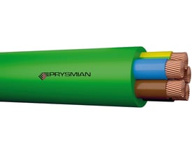 Prysmian 5G6 mm² installationskabel med 5 fleksible kobberledere, gul/grøn, blå og brun, på en hvid baggrund.