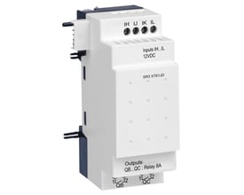 Schneider Electric Zelio udvidelsesmodul SR3 XT61JD med 6 I/U til 12VDC, vist forfra med terminaler for input IH, IJ, IK, IL og output QB, QC.