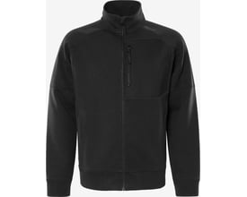 Kansas sweatjakke 300499 i sort, str. M, lavet af 60% bomuld og 40% genanvendt polyester med fuld lynlås og brystlomme.
