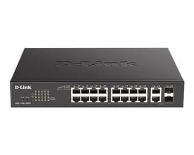 D-Link DGS-1100-18PV Gigabit PoE+ switch med 18 netværksporte, set forfra og ovenfra.