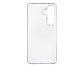 Gennemsigtigt TPU-cover til Samsung Galaxy S24 FE set forfra, viser præcise udskæringer til kamera og knapper.