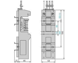 Schneider Electric strømaftager AK5PA242 med dimensioner vist på diagram, 3f+n, 25a.
