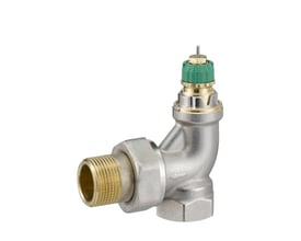 Danfoss RA-DV radiatorventil, forniklet messing, 3/4" vinkelløbende med tydelig trykregulator og forindstillingsskala på hvid baggrund.