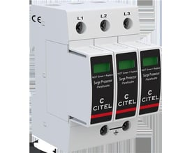 Transientbeskyttelse DACF25, 3-polet type 2 med sikring fra CITEL, viser L1, L2, L3 tilslutninger og grøn statusindikator.