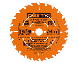CMT ITK PLUS General Purpose rundsavklinge Ø165mm med 20mm borestørrelse og 24 tænder, lavet af hi-density carbide.