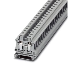 Nærbillede af Phoenix Contact UT 10 gennemgangsklemme, der viser detaljer om skrueterminalerne og den grå plastkonstruktion.