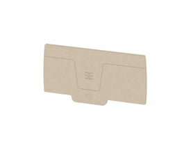 Weidmüller endeplade AEP AP12 i beige plast med præget logo på hvid baggrund.