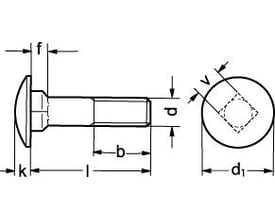 M6X16 DIN 603 A4 bræddebolt med diagram, der viser dimensioner som k, l, b, f, d, p, v og d1.