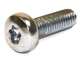 Nærbillede af maskinskrue med panhoved og TX 20 TORX kærv, viser detaljer på M4x6mm gevind og galvaniseret overflade.