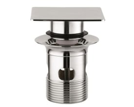 Grohe pop-up bundventil til vaske med overløb, vist med blank krom StarLight overflade og firkantet trykknap.