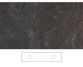 Svedbergs Brecc bordplade på 201x46 cm i mørk granitkeramik med lyse årer og skitse af dobbelt udskæring.